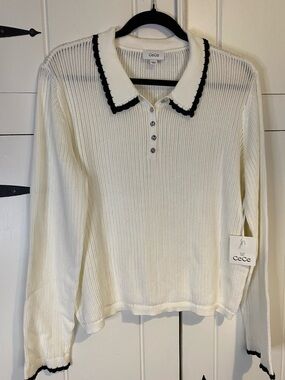 CeCe Pointelle Knit Antique White Polo Sweater with black crochet trim. Size XL